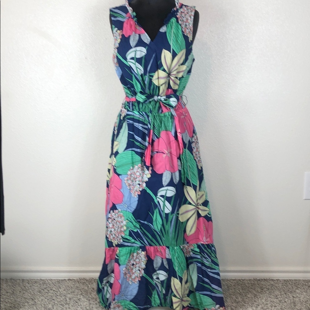 TALBOTS Voile Hibiscus Maxi Dress Cotton Tropical Hawaiian Vacation Size 8 - Picture 4 of 16